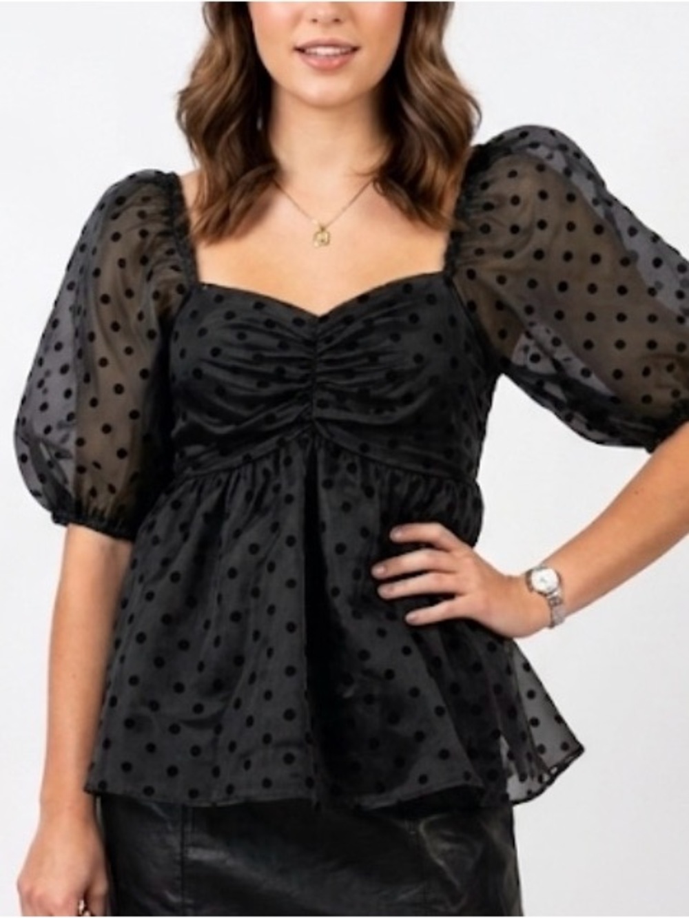 Molly Green Black Dotted Swiss Puff Sleeve Smocked Empire Waist Peplum Top Small